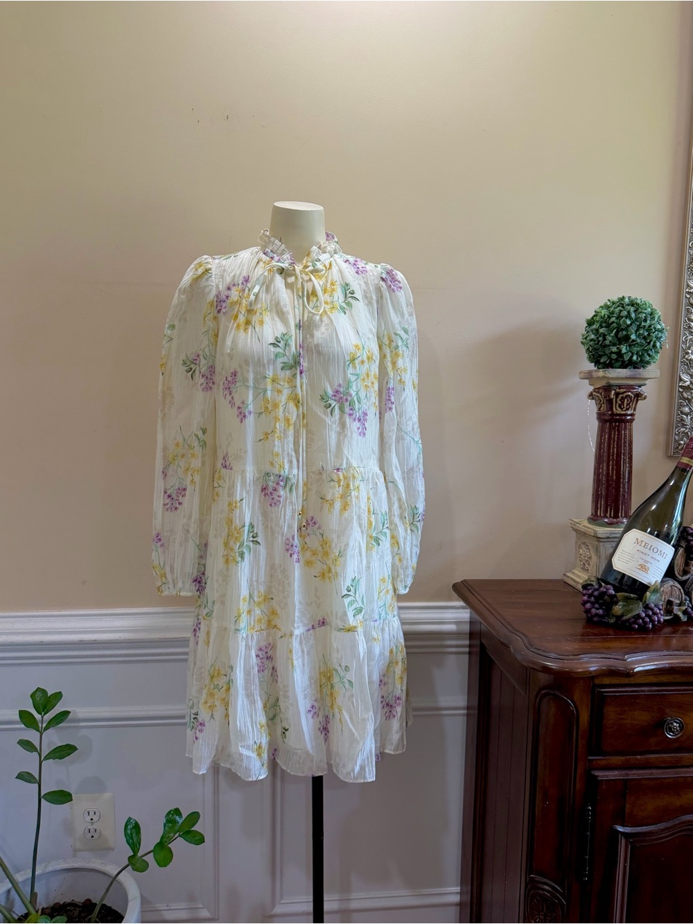Taylor Lightweight White Floral Tiered Dress with Ruffle Neck